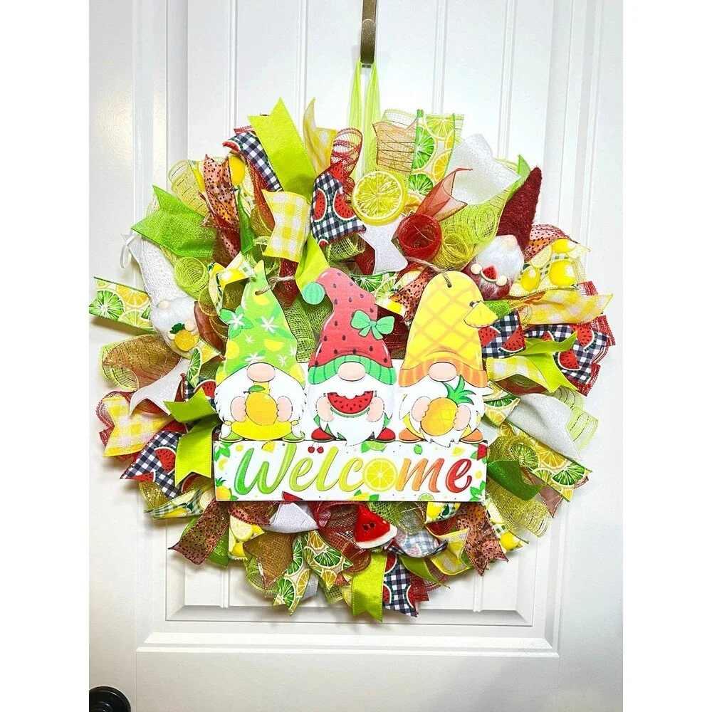 Handmade Summer Watermelon Pineapple Gnome Prelit Ribbon Wreath 22 in LED W6